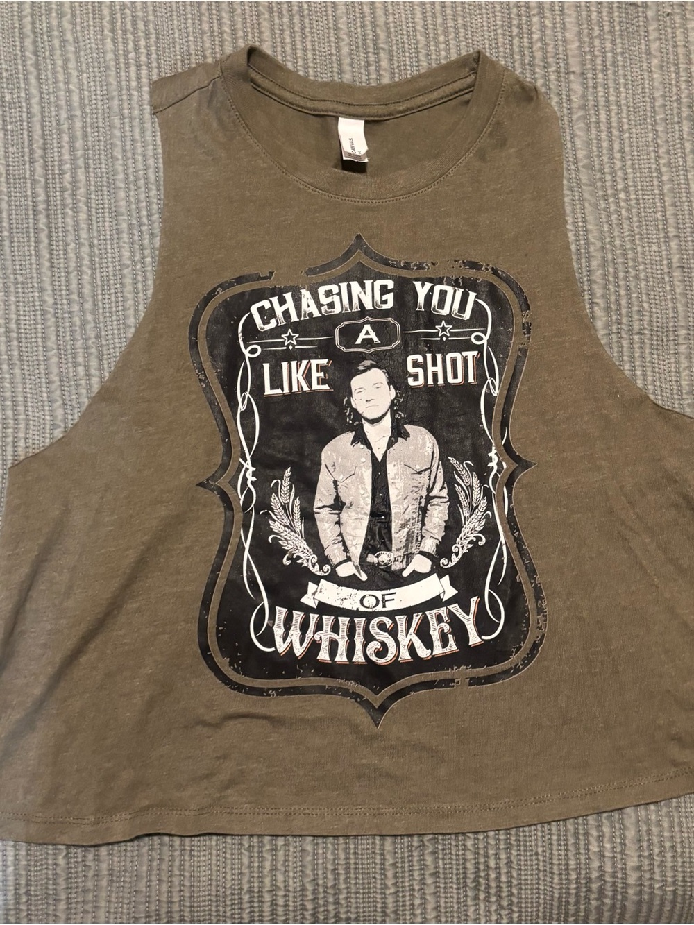 Graphic Crop Tank - Olive Green 'Chasing You Like a Shot of Whiskey'